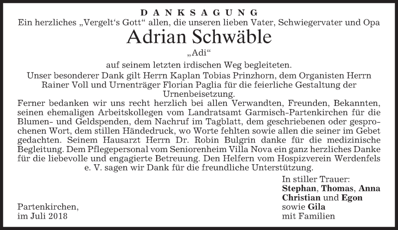  Traueranzeige für Adrian Schwäble vom 14.07.2018 aus merkurtz