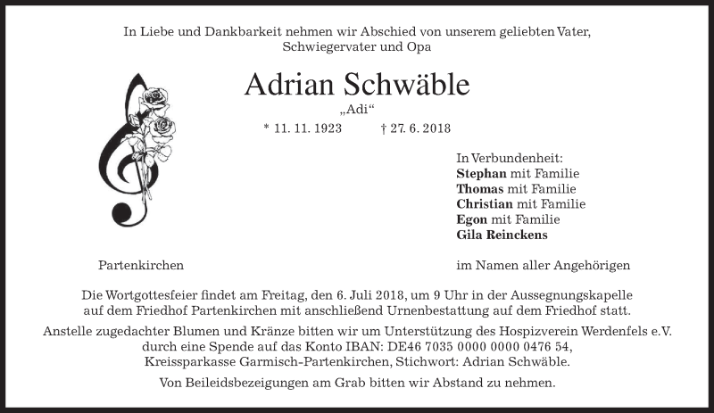  Traueranzeige für Adrian Schwäble vom 03.07.2018 aus merkurtz