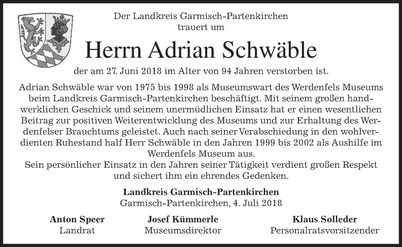  Traueranzeige für Adrian Schwäble vom 04.07.2018 aus merkurtz