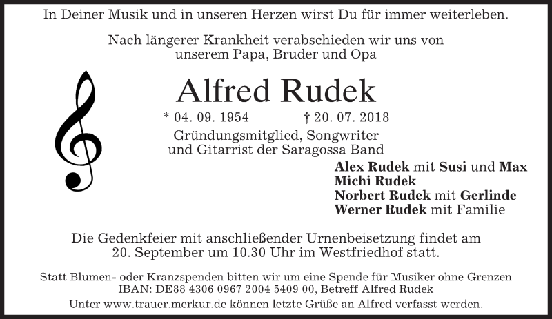  Traueranzeige für Alfred Rudek vom 28.07.2018 aus merkurtz