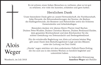 Traueranzeige von Alois Weger von merkurtz