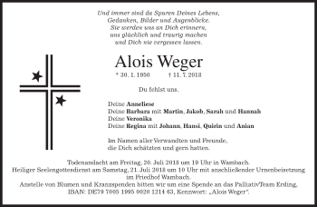 Traueranzeige von Alois Weger von merkurtz