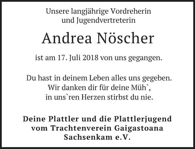 Traueranzeige für Andrea Nöscher vom 20.07.2018 aus merkurtz