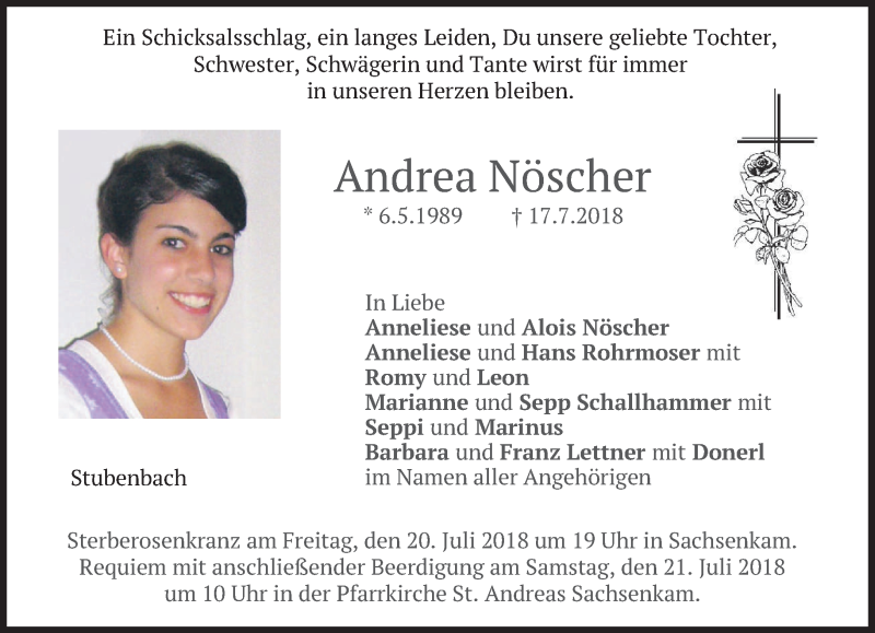  Traueranzeige für Andrea Nöscher vom 19.07.2018 aus merkurtz