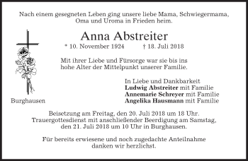 Traueranzeige von Anna Abstreiter von merkurtz