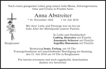 Traueranzeige von Anna Abstreiter von merkurtz