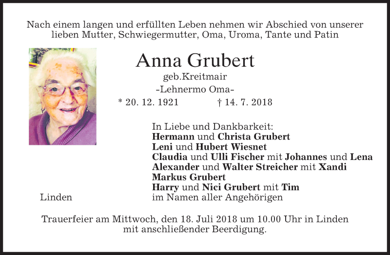  Traueranzeige für Anna Grubert vom 17.07.2018 aus merkurtz
