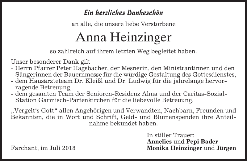 Traueranzeige für Anna Heinzinger vom 14.07.2018 aus merkurtz