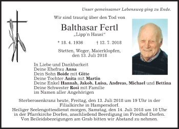 Traueranzeige von Balthasar Fertl von merkurtz