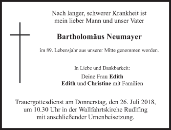 Traueranzeige von Bartholomäus Neumayer von merkurtz