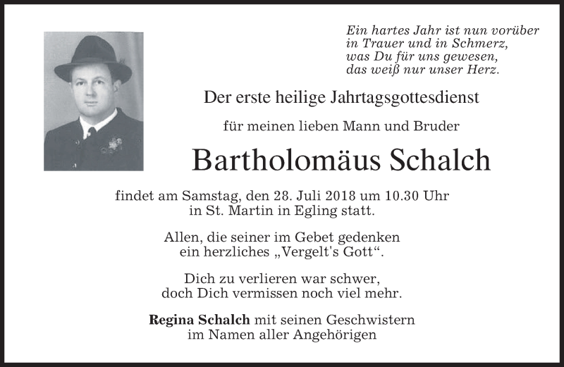  Traueranzeige für Bartholomäus Schalch vom 26.07.2018 aus merkurtz