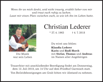 Traueranzeige von Christian Lederer von merkurtz