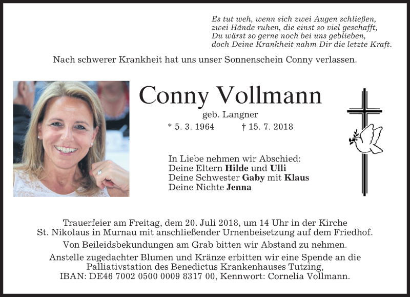  Traueranzeige für Conny Vollmann vom 17.07.2018 aus merkurtz