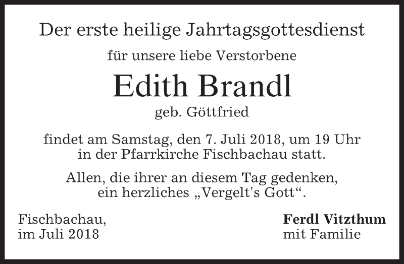  Traueranzeige für Edith Brandl vom 06.07.2018 aus merkurtz