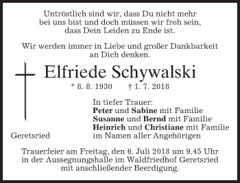 Traueranzeige von Elfriede Schywalski von merkurtz