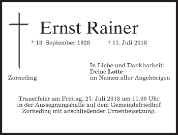 Traueranzeige von Ernst Rainer