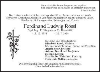 Traueranzeige von Ferdinand Ludwig Rössl von merkurtz