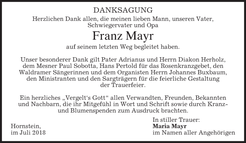  Traueranzeige für Franz Mayr vom 07.07.2018 aus merkurtz
