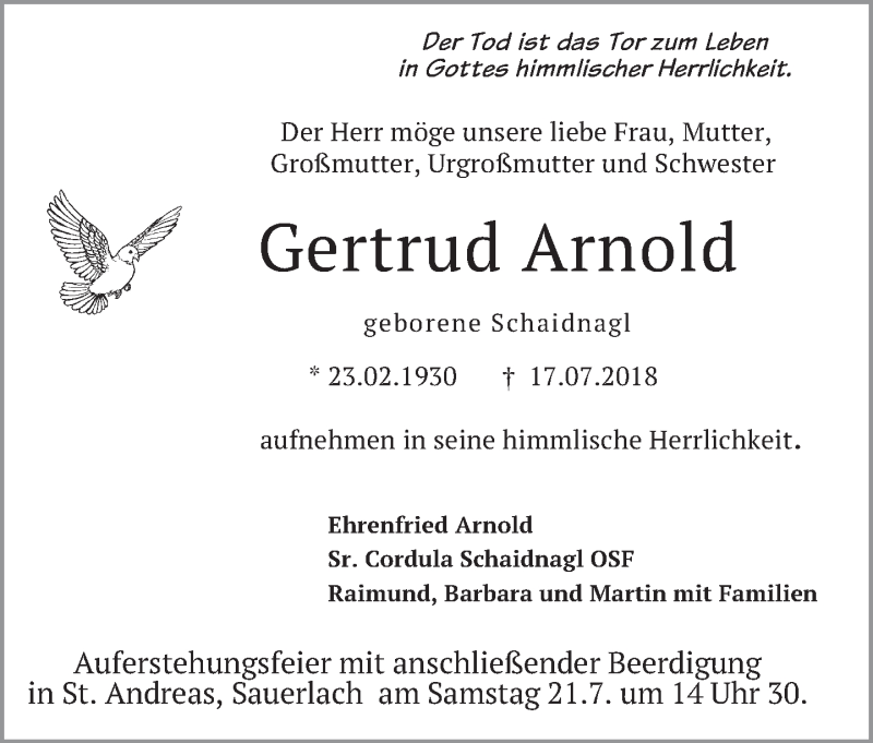  Traueranzeige für Gertrud Arnold vom 19.07.2018 aus merkurtz