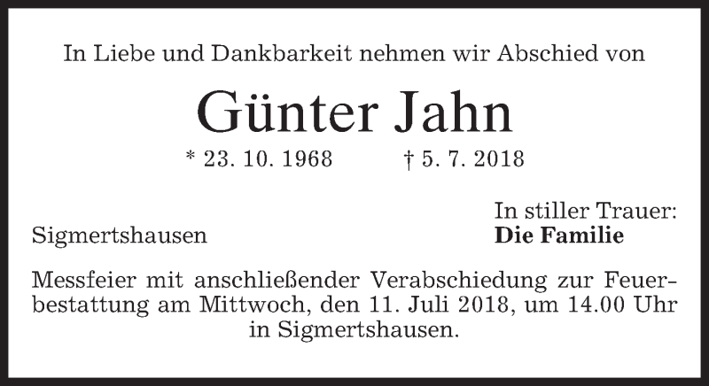  Traueranzeige für Günter Jahn vom 10.07.2018 aus merkurtz