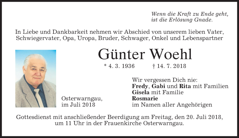  Traueranzeige für Günter Woehl vom 18.07.2018 aus merkurtz