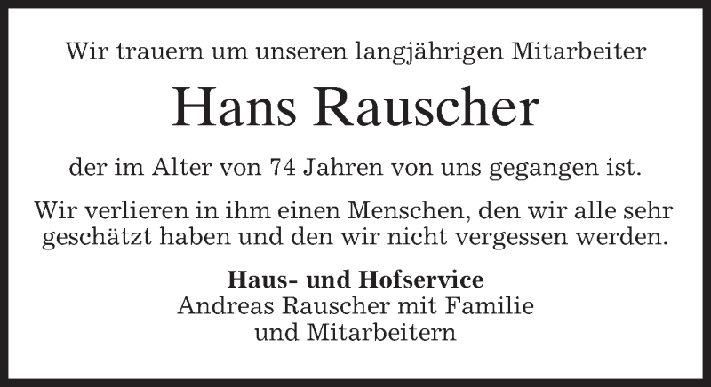  Traueranzeige für Hans Rauscher vom 11.07.2018 aus merkurtz
