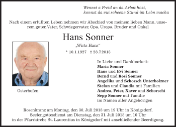 Traueranzeige von Hans Sonner von merkurtz