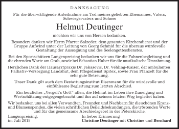 Traueranzeige von Helmut Deutinger von merkurtz