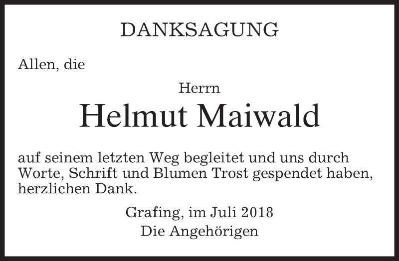  Traueranzeige für Helmut Maiwald vom 25.07.2018 aus merkurtz