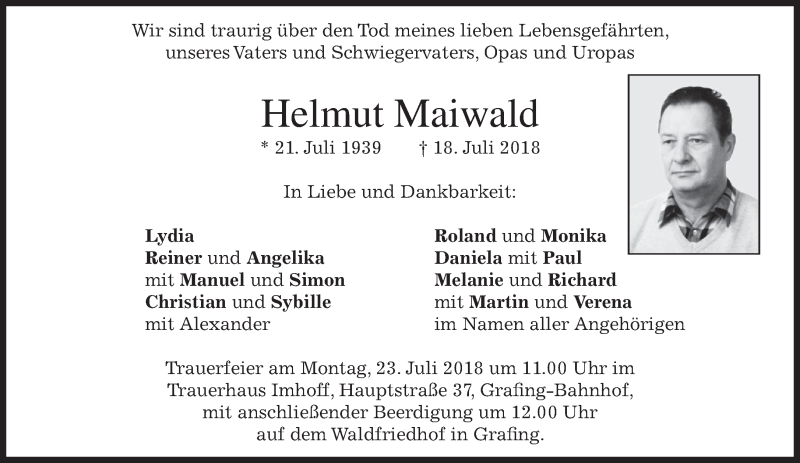  Traueranzeige für Helmut Maiwald vom 20.07.2018 aus merkurtz