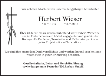 Traueranzeige von Herbert Wieser von merkurtz