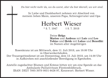 Traueranzeige von Herbert Wieser von merkurtz