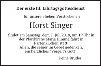 Traueranzeige von Horst Singer von merkurtz