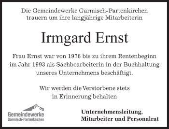 Traueranzeige von Irmgard Ernst von merkurtz