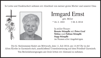 Traueranzeige von Irmgard Ernst von merkurtz