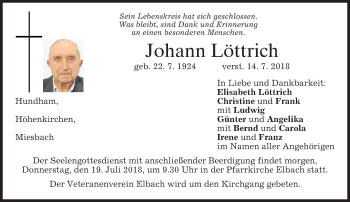Traueranzeige von Johann Löttrich von merkurtz