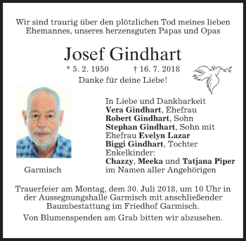 Traueranzeige von Josef Gindhart von merkurtz