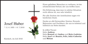 Traueranzeige von Josef Huber von merkurtz