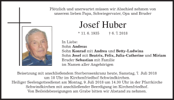 Traueranzeige von Josef Huber von merkurtz