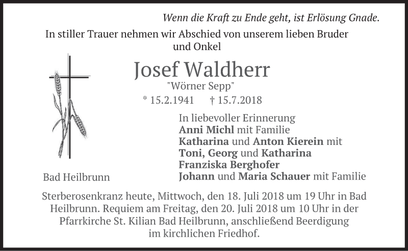  Traueranzeige für Josef Waldherr vom 18.07.2018 aus merkurtz