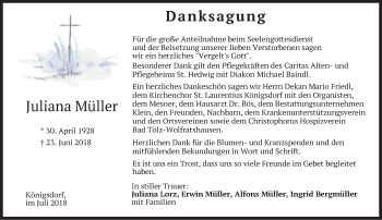 Traueranzeige von Juliana Müller von merkurtz