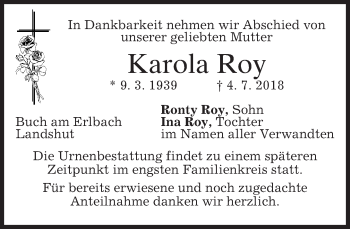 Traueranzeige von Karola Roy von merkurtz