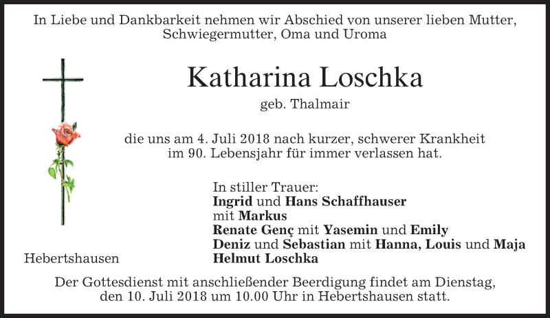  Traueranzeige für Katharina Loschka vom 07.07.2018 aus merkurtz