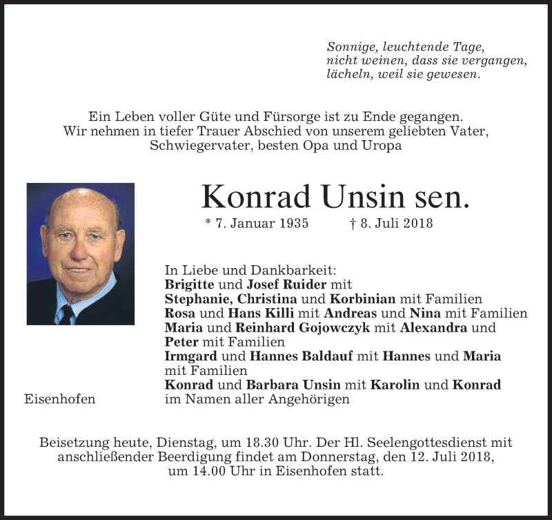  Traueranzeige für Konrad Unsin vom 10.07.2018 aus merkurtz