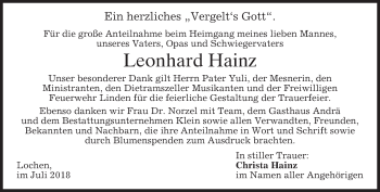 Traueranzeige von Leonhard Hainz von merkurtz