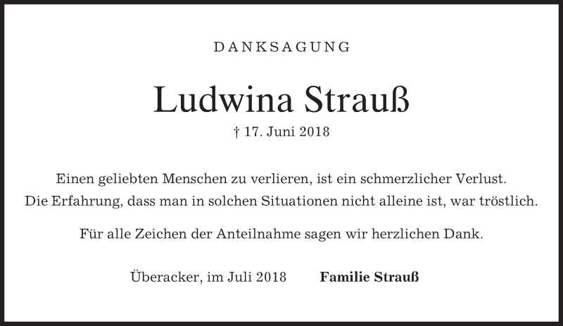 Traueranzeige für Ludwina Strauß vom 14.07.2018 aus merkurtz