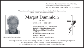 Traueranzeige von Margot Dümmlein von merkurtz