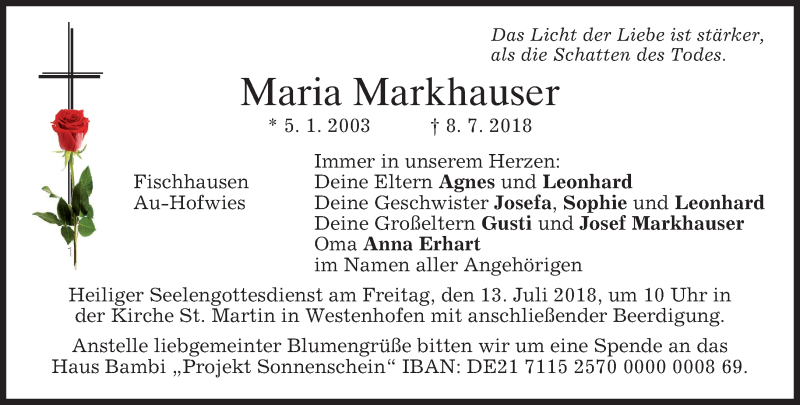 Traueranzeige für Maria Markhauser vom 11.07.2018 aus merkurtz