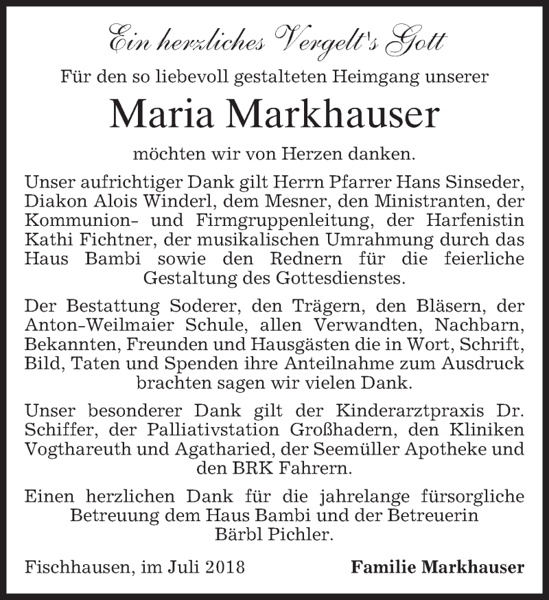  Traueranzeige für Maria Markhauser vom 21.07.2018 aus merkurtz