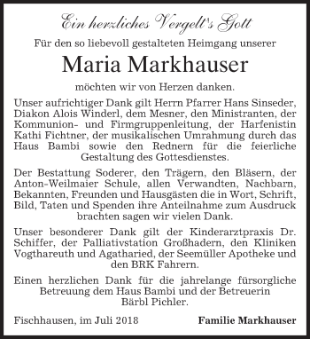 Traueranzeige von Maria Markhauser von merkurtz